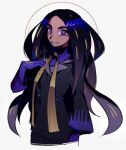  1girl black_hair black_jacket buttons commentary_request double-breasted eyelashes fmpkm666 geeta_(pokemon) gloves hand_up highres jacket korean_commentary long_hair looking_at_viewer neck_ribbon pokemon pokemon_(game) pokemon_sv purple_eyes ribbon simple_background smile solo upper_body white_background yellow_ribbon 