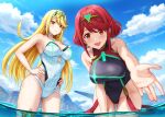  bangs bare_shoulders black_one-piece_swimsuit blonde_hair blush breasts chest_jewel cleavage covered_navel earrings highleg highleg_swimsuit highres jewelry large_breasts long_hair looking_at_viewer mythra_(radiant_beach)_(xenoblade) mythra_(xenoblade) one-piece_swimsuit open_mouth pyra_(pro_swimmer)_(xenoblade) pyra_(xenoblade) red_eyes red_hair red_one-piece_swimsuit short_hair shouhei smile striped striped_one-piece_swimsuit swept_bangs swimsuit thighs tiara two-tone_swimsuit vertical-striped_swimsuit vertical_stripes white_one-piece_swimsuit xenoblade_chronicles_(series) xenoblade_chronicles_2 yellow_eyes 