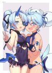  2girls absurdres bikini blue_eyes blue_hair breasts highres ice_horns large_breasts multiple_girls one-piece_swimsuit praxis_(xenoblade) simple_background small_breasts swimsuit theory_(xenoblade) umihal v white_background xenoblade_chronicles_(series) xenoblade_chronicles_2 