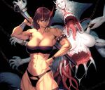  1girl abs armlet bandaged_wrist bandages bikini breasts cleavage club_(weapon) fangs hand_on_hip highres horns large_breasts monster muscular muscular_female navel ogami oni oni_horns original short_hair standing strapless strapless_bikini swimsuit weapon 