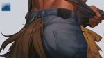  1boy alternate_costume arknights ass ass_focus bara body_hair chain close-up clothes_lift cow_boy cow_tail denim from_behind highres jeans lifted_by_self likaou male_focus matterhorn_(arknights) pants scar scar_on_back shirt_lift simple_background solo tail 