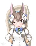  1girl animal_costume animal_ear_fluff animal_ears bow bowtie brown_eyes brown_hair chipmunk_ears chipmunk_girl chipmunk_tail extra_ears gloves kemono_friends kemono_friends_v_project looking_at_viewer microphone multicolored_hair one_eye_closed open_mouth ribbon shirt siberian_chipmunk_(kemono_friends) simple_background smile solo tail taurine_8000mg virtual_youtuber white_hair 