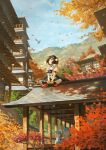  4girls animal_ears architecture autumn_leaves bird_wings black_hair black_ribbon black_skirt blush branch crossed_legs east_asian_architecture feathered_wings fjsmu flying geta hat highres leaf looking_up mountainous_horizon multiple_girls pom_pom_(clothes) red_eyes ribbon shameimaru_aya shirt short_hair short_sleeves skirt tengu-geta tokin_hat touhou tree white_hair white_shirt wings wolf_ears 