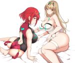  2girls ass bangs black_one-piece_swimsuit blonde_hair breasts chest_jewel competition_swimsuit headpiece highres large_breasts long_hair multiple_girls mythra_(radiant_beach)_(xenoblade) mythra_(xenoblade) noeomi one-piece_swimsuit pyra_(pro_swimmer)_(xenoblade) pyra_(xenoblade) red_eyes red_hair red_one-piece_swimsuit ribbed_swimsuit short_hair strapless strapless_swimsuit striped striped_one-piece_swimsuit swept_bangs swimsuit tiara two-tone_swimsuit vertical-striped_swimsuit vertical_stripes very_long_hair white_one-piece_swimsuit xenoblade_chronicles_(series) xenoblade_chronicles_2 yellow_eyes 