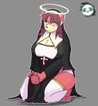  3_toes afterdraws anthro big_breasts breasts clasped_hands clothing feet female front_view green_eyes hair halo humanoid hybrid kneeling legwear monotone_background nun nun_outfit pink_body purple_hair smile solo thick_thighs thigh_highs toes veil 