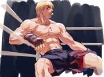  1boy abs bara black_shorts blonde_hair blood blood_on_face bruise dougi feet_out_of_frame highres injury ken_masters looking_to_the_side male_focus muscular muscular_male navel nipples pectorals short_hair shorts simple_background sitting solo spread_legs stomach street_fighter sweat thick_eyebrows thick_thighs thighs topless_male wrestling_outfit wrestling_ring yuiofire 
