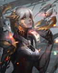  1girl absurdres android bangs blurry blurry_background breasts broken closed_mouth from_side glowing grey_hair hair_between_eyes hand_up highres injury irelia large_breasts lcw961904412 league_of_legends looking_at_viewer official_alternate_costume orange_eyes power_armor project:_irelia shiny shiny_hair short_hair 