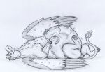  after_vore altus_(lukan) ambiguous_gender avian duo ear_piercing equid equine feral feral_pred feral_prey gryphon horse lying male male_pred mammal mythological_avian mythology on_back pawpads piercing smug thatgryphonguy traditional_media_(artwork) unwilling_prey vore wings 