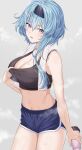  1girl adjusting_clothes alternate_costume aqua_hair asymmetrical_hair bangs bare_arms black_hairband black_sports_bra blue_eyes blue_shorts blurry blurry_background bottle breasts cleavage cowboy_shot eula_(genshin_impact) genshin_impact grey_background hair_between_eyes hairband highres holding holding_bottle large_breasts looking_at_viewer navel o-los parted_lips short_shorts shorts sidelocks sports_bra stomach sweat thighs towel towel_around_neck workout_clothes 
