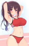  1girl absurdres armpits arms_behind_head arms_up bangs bare_arms bare_shoulders black_hair blush breasts buruma cleavage commentary_request groin hair_between_eyes hair_ornament hairclip highres kagerou_(shadowmage) large_breasts long_hair looking_at_viewer navel original parted_lips ponytail red_buruma red_eyes sidelocks solo very_long_hair 