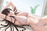  1girl absurdres armpits arms_up bangs bare_shoulders bikini black_hair breasts commentary_request cowboy_shot hair_between_eyes highres indoors large_breasts long_hair looking_at_viewer lying navel on_back original parted_lips pink_eyes solo stomach swimsuit tsukanko16 white_bikini 