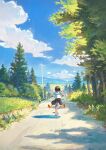  1girl bicycle blue_sky brown_hair cloud cloudy_sky day dirt_road fjsmu from_behind grass ground_vehicle highres mountain mountainous_horizon original outdoors outstretched_legs road road_sign sailor_collar scenery school_uniform serafuku shirt short_hair sign sky solo tree white_shirt 