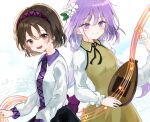  2girls :d bangs biwa_lute black_skirt blush brown_dress brown_hair chain closed_mouth collared_dress collared_shirt commentary_request dress flower frilled_sleeves frills gold_chain hair_flower hair_ornament happy highres instrument long_hair long_sleeves lute_(instrument) multiple_girls music musical_note neck_ribbon open_mouth playing_instrument purple_eyes purple_hair ribbon shinonome_(ichigotsuki) shirt short_hair siblings sisters skirt smile teeth touhou tsukumo_benben tsukumo_yatsuhashi twintails upper_teeth very_long_hair white_flower white_sleeves 