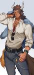  1boy absurdres alternate_costume animal_ears arknights bara belt black_belt blue_eyes blue_jacket body_hair bracelet brown_hair bulge chest_hair covered_nipples cow_boy cow_ears cow_horns cow_tail cowboy_shot denim eyewear_removed facial_hair highres horns jacket jacket_on_shoulders jeans jewelry large_pectorals likaou looking_at_viewer male_focus matterhorn_(arknights) medium_hair muscular muscular_male pants partially_unbuttoned pectoral_cleavage pectorals shirt sleeves_rolled_up solo stubble tail white_shirt 