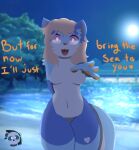  absurd_res afterdraws anthro blonde_hair blue_body blue_fur breasts female fur hair hand_behind_back hi_res lutrine mammal markings mustelid night open_mouth paws pink_eyes reaching_towards_viewer smile solo text thick_thighs white_body white_fur 