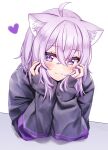  1girl ahoge animal_ear_fluff animal_ears arms_up bangs black_hoodie blush cat_ears closed_mouth deadnooodles hair_between_eyes heart highres hololive hood hoodie long_hair long_sleeves looking_at_viewer nekomata_okayu puffy_long_sleeves puffy_sleeves purple_eyes purple_hair simple_background sleeves_past_wrists smile solo upper_body virtual_youtuber white_background 