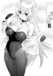  1girl animal_ears azur_lane bare_shoulders blush breasts choker collarbone covered_navel cross cross_choker fake_animal_ears fake_tail gloves greyscale highres hori_(hori_no_su) large_breasts leotard long_hair monochrome north_carolina_(azur_lane) parted_lips playboy_bunny rabbit_ears rabbit_tail solo sweat tail 