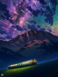  commentary_request grass ground_vehicle highres milky_way mountain mugumo_24k night night_sky no_humans original outdoors revision scenery sky star_(sky) starry_sky train 