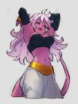  1girl android_21 armpits black_sclera breasts cleavage colored_sclera colored_skin dragon_ball dragon_ball_fighterz grey_background kemachiku large_breasts long_hair looking_at_viewer majin_android_21 midriff open_mouth pink_hair pink_skin red_eyes simple_background smile solo tail 