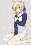  ... 1girl ahoge alternate_costume artoria_pendragon_(fate) blonde_hair blue_ribbon blush braid braided_bun commentary_request fate/stay_night fate_(series) french_braid green_eyes hair_between_eyes hair_bun hair_ribbon hand_on_own_chest hand_on_own_crotch highres kneeling long_hair long_sleeves looking_at_viewer machi_futo no_pants ribbon saber shirt sidelocks simple_background single_hair_bun solo speech_bubble two-tone_shirt white_shirt 