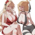  2girls bare_arms black_choker blonde_hair breasts choker cleavage collarbone cowboy_shot crossed_legs dress flower hair_between_eyes hair_flower hair_ornament hairpin hand_up huge_breasts korean_commentary long_hair looking_at_another looking_at_viewer multiple_girls no_mouth original red_choker red_dress red_eyes red_flower red_rose rose shadow simple_background sitting white_background whois 
