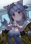  1girl animal_ears arknights bangs bare_shoulders blush breasts cat cat_ears closed_mouth dress grey_dress grey_hair grey_hairband hair_bun hairband highres holding holding_weapon jacket jewelry kazemaru_(arknights) long_hair long_sleeves looking_at_viewer off_shoulder open_clothes open_jacket origami purple_eyes ring shuriken single_hair_bun single_side_bun small_breasts solo upper_body wanko_(realsight) weapon yellow_jacket 