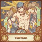  1boy abs blue_hair headband holding jewelry male_focus mazjojo muscular muscular_male navel necklace nipples open_mouth original pectorals short_hair solo tarot the_star_(tarot) upper_body water yellow_headband 