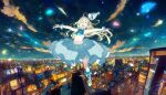  blonde_hair boots city closed_eyes cloud flying hair_ornament hat highres kobayashi_gen long_hair navel night night_sky open_arms open_mouth skirt sky wrist_cuffs 