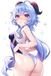  1girl ahoge ass bangs blue_hair blush breasts commentary_request ganyu_(genshin_impact) genshin_impact highres horns long_hair looking_at_viewer looking_back medium_breasts one-piece_swimsuit purple_eyes sidelocks solo swimsuit tomo_(tmtm_mf_mf) 
