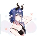  1girl arknights arm_up bangs bare_arms bare_shoulders bikini black_bikini blue_hair breasts ch&#039;en_(arknights) cleavage closed_mouth collarbone dragon_horns from_side hand_in_own_hair heart highres horns long_hair looking_at_viewer looking_to_the_side red_eyes small_breasts solo swimsuit v-shaped_eyebrows white_background 