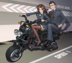  1boy 1girl absurdres artist_name asymmetrical_bangs bangs black_footwear black_hair black_necktie black_thighhighs blue_jacket blue_pants blue_skirt blush breasts brown_hair collared_shirt cross_tie dated di_qiu_wang_shi dongfang_yanxu driving emblem english_text epaulettes full_body grin ground_vehicle high_heels highres jacket lips long_hair long_sleeves looking_ahead military military_uniform miniskirt mole mole_under_eye motor_vehicle motorcycle necktie pants parted_lips pencil_skirt shirt shoes short_hair skirt smile sweatdrop teeth thighhighs uniform v-shaped_eyebrows very_short_hair white_shirt xzu yellow_eyes 