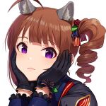  1girl ahoge animal_ears bangs black_gloves black_shirt brown_hair closed_mouth commentary drill_hair frilled_sleeves frills gloves hair_ribbon hands_on_own_face idol idolmaster idolmaster_million_live! kamille_(vcx68) long_sleeves looking_at_viewer medium_hair purple_eyes ribbon shirt side_drill side_ponytail sidelocks simple_background smile solo white_background wolf_ears yokoyama_nao 