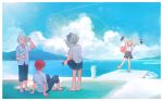  2boys 2girls ahoge arm_support arms_up barefoot black_skirt blue_pants bollard bottle closed_eyes cloud commentary day drinking flower_(vocaloid) flower_(vocaloid4) from_behind fukase highres holding holding_bottle holding_shoes knees_up lens_flare long_hair looking_at_another mi_no_take miniskirt mountainous_horizon multicolored_hair multiple_boys multiple_girls ocean open_mouth outdoors pants pier pink_hair pleated_skirt red_hair scenery school_uniform sf-a2_miki shoes sitting skirt smile standing streaked_hair symbol-only_commentary towel towel_around_neck utatane_piko very_long_hair vocaloid white_hair wide_shot wringing_clothes wringing_skirt 
