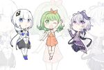  3girls :&lt; :d :o arm_up arm_warmers bandaged_arm bandages bangs belt black_skirt blue_eyes blunt_bangs bow bow_hairband bowtie cevio chibi commentary crossed_legs fingerless_gloves flower_(vocaloid) flower_(vocaloid4) full_body gloves green_eyes green_hair gumi hair_ornament hairband hands_on_lap highres hood hooded_jacket jacket kafu_(cevio) legs_up midair multicolored_hair multiple_girls one_eye_closed open_mouth orange_bow orange_shirt orange_skirt outstretched_arm pants purple_eyes purple_gloves purple_hair purple_jacket purple_pants purple_shirt purple_skirt shirt short_hair single_arm_warmer single_glove skirt sleeveless sleeveless_jacket sleeveless_shirt smile streaked_hair vocaloid waving white_background white_bow white_bowtie white_hair white_jacket yu_ying_(puuarfmm0qqcw1f) zoom_layer 
