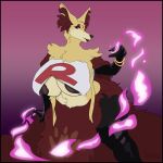  anthro big_breasts biped bracelet breasts clothing delphox elemental_manipulation female fire fire_manipulation generation_6_pokemon greasymojo hi_res jewelry mammal nintendo nipples pokemon pokemon_(species) solo team_rocket topwear uniform video_games 