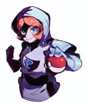  1girl blue_eyes closed_mouth commentary_request fmpkm666 gloves hands_up holding holding_poke_ball hood hood_up korean_commentary logo looking_at_viewer orange_hair poke_ball poke_ball_(basic) pokemon pokemon_(game) pokemon_bw short_hair simple_background smile solo team_plasma team_plasma_grunt team_plasma_uniform upper_body white_background 