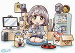  1girl :3 bowl box brand_name_imitation buru-dai cardboard_box computer eating food green_eyes grey_hair hamster hololive hood hoodie keyboard_(computer) mace microphone miniskirt mouse_(computer) noodles pillow pleated_skirt pop_(shirogane_noel) shelf shirogane_noel signature sitting skirt solo soup subaru_duck virtual_youtuber wariza weapon webcam yagoo youtube 