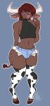  animal_print blue_eyes bottomwear bovid bovine brown_body brown_hair bulge clothed clothing cow_print european_mythology footwear greek_mythology hair hi_res hooves horn hotpants legwear looking_at_viewer male mammal minotaur mythology pants shorts socks solo spamjamz stockings topwear 