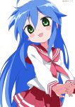  1girl :3 absurdres bangs blue_hair blush_stickers green_eyes hair_between_eyes highres interlocked_fingers izumi_konata long_hair long_sleeves looking_at_viewer lucky_star mole mole_under_eye neckerchief own_hands_together pink_neckerchief pleated_skirt red_sailor_collar red_skirt ryouou_school_uniform sailor_collar school_uniform serafuku shiny shiny_hair simple_background skirt solo twitter_username uniform very_long_hair white_background white_gorilla_(okamoto) 