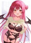  1girl bangs blush bra breast_hold breasts brown_bra brown_panties brown_thighhighs cleavage clothes_lift demon_tail demon_wings fangs garter_belt hair_bun heterochromia highres hololive houshou_marine large_breasts lifted_by_self lingerie long_hair long_sleeves looking_at_viewer navel omelet_tomato open_mouth panties red_eyes red_hair side_ponytail single_side_bun smile solo sweater sweater_lift tail thighhighs underwear very_long_hair virtual_youtuber wings yellow_eyes yellow_sweater 