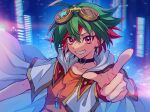  1boy bangs dyed_bangs goggles goggles_on_head green_hair grin hair_between_eyes jacket jacket_on_shoulders jewelry looking_at_viewer male_focus mikami_(mkm0v0) multicolored_hair open_clothes open_jacket pendant pointing pointing_at_viewer red_eyes red_hair sakaki_yuuya short_hair smile solo two-tone_hair upper_body yu-gi-oh! yu-gi-oh!_arc-v 