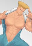  1boy abs bara bare_pectorals biceps blonde_hair blue_eyes bulge chest_hair facial_hair feet_out_of_frame flaccid goatee guile hairy highres hunterkay large_pectorals looking_at_viewer male_focus male_pubic_hair mature_male muscular muscular_male navel navel_hair nipples no_male_underwear open_jumpsuit pectorals penis penis_peek pubic_hair salute short_hair sideburns solo stomach street_fighter street_fighter_6 