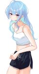  1girl absurdres blue_eyes blue_hair camisole casual collarbone dolphin_shorts highres hololive hoshimachi_suisei long_hair looking_at_viewer midriff navel shorts simple_background solo tagosaku_(tatsukiuma0329) virtual_youtuber white_background 