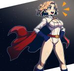  1girl absurdres belt blonde_hair blue_eyes blue_footwear blue_gloves boots breasts cape cleavage cleavage_cutout clothing_cutout dc_comics gloves highres huge_breasts large_breasts leotard masgamjya power_girl red_cape short_hair smile solo superhero thighs 
