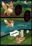  arthropod butterfly canid canine comic eevee english_text feral generation_1_pokemon grass hi_res insect kiwi_(rukifox) lepidopteran mammal nintendo outside paws plant pokemon pokemon_(species) pushing_down ribbons river rukifox solo text video_games walking water 