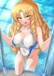  1girl bangs bare_shoulders blonde_hair blush breasts brown_eyes cleavage collarbone covered_navel coyomin drill_hair fate/kaleid_liner_prisma_illya fate_(series) highleg highleg_swimsuit highres large_breasts long_hair looking_at_viewer luviagelita_edelfelt one-piece_swimsuit open_mouth parted_bangs pool poolside quad_drills smile solo swimsuit thighs very_long_hair wet white_one-piece_swimsuit 
