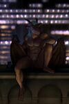  abs anthro balls bgn brooklyn_(gargoyles) disney earbuds gargoyle gargoyles genitals hair headphones hi_res horn humanoid_genitalia humanoid_penis male membrane_(anatomy) membranous_wings muscular muscular_anthro muscular_male nude outside pecs penis phone solo white_hair wings 