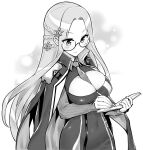  1girl azur_lane bangs between_breasts blush breasts cleavage cleavage_cutout closed_mouth clothing_cutout covered_navel glasses greyscale hair_ornament holding holding_notebook holding_pencil hori_(hori_no_su) large_breasts long_hair looking_away monochrome necktie necktie_between_breasts notebook parted_bangs pencil round_eyewear semi-rimless_eyewear shangri-la_(azur_lane) smile snowflake_hair_ornament solo under-rim_eyewear writing 