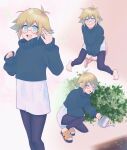  1boy ^_^ ^o^ absurdres alternate_costume barefoot basil_(omori) bespectacled black_pants blonde_hair blue_sweater blush closed_eyes commission commissioner_upload glasses highres holding holding_watering_can long_sleeves looking_at_viewer maromichan multiple_views omori open_mouth pants round_eyewear sandals short_hair sitting skeb_commission skirt sleeves_past_wrists smile solo stool sweater teeth turtleneck turtleneck_sweater upper_teeth v_arms watering watering_can white_skirt 