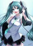  1girl :d aqua_eyes aqua_hair artist_name bangs bare_shoulders black_skirt black_sleeves blue_background blush breasts commentary cowboy_shot detached_sleeves fang gradient gradient_background green_hair hair_ornament hand_on_hip hand_up hatsune_miku holding holding_microphone long_hair long_sleeves looking_at_viewer microphone miniskirt necktie open_mouth pleated_skirt revision shirt skin_fang skirt sleeveless sleeveless_shirt small_breasts smile solo tasuku_(user_fkzv3343) thighhighs twintails very_long_hair virtual_youtuber vocaloid watermark 